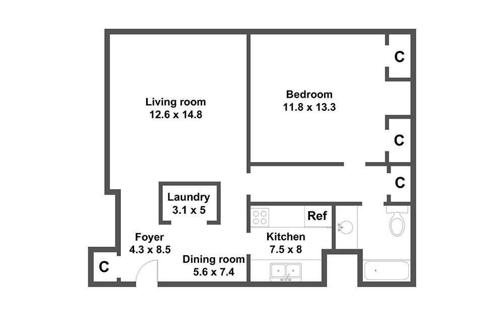 The Academy - 1 bedroom floorplan layout with 1 bath and 725 square feet (1st floor 2D)