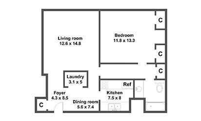 The Academy - Renovated - 1 bedroom floorplan layout with 1 bath and 725 square feet